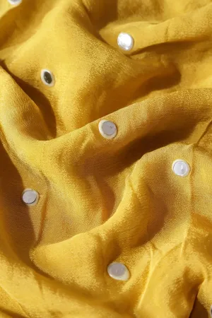 2 Meter Cut Piece Of Real Mirror Embroidery Work On Yellow Viscose Chinnon Chiffon Fabric