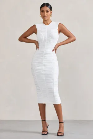 Alight  | White Ruched Mesh Sleeveless Bodycon Midi Dress