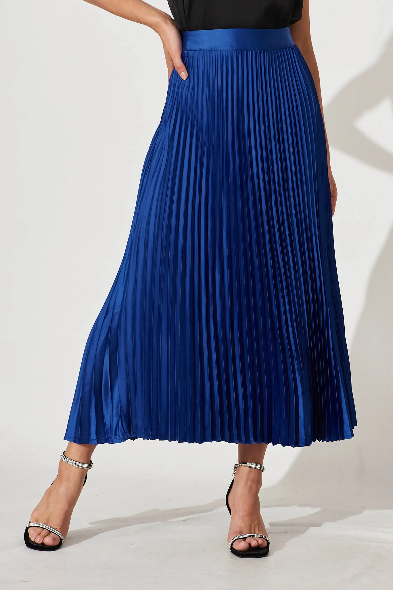 Allison Midi Pleat Skirt In Cobalt Blue Satin