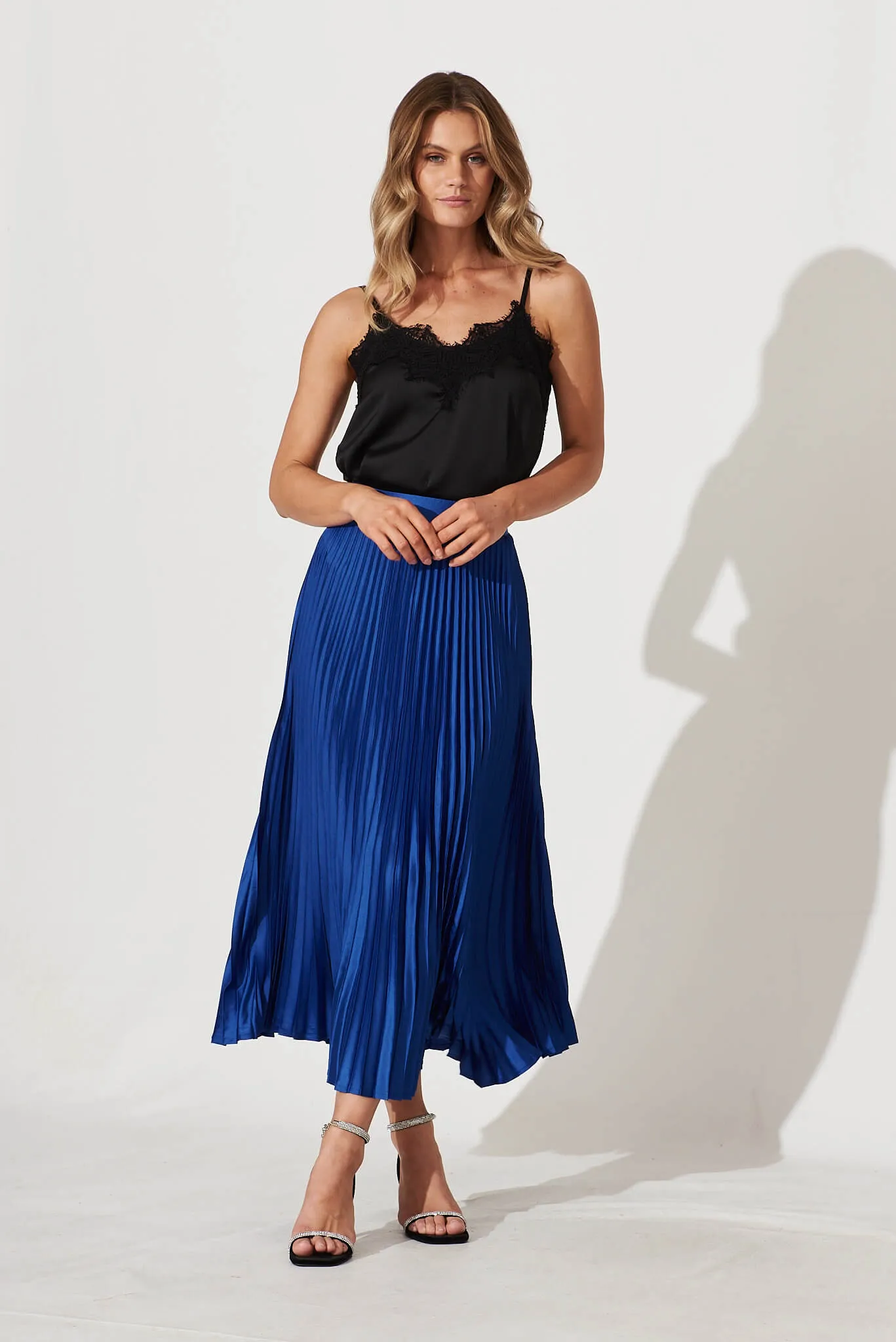 Allison Midi Pleat Skirt In Cobalt Blue Satin