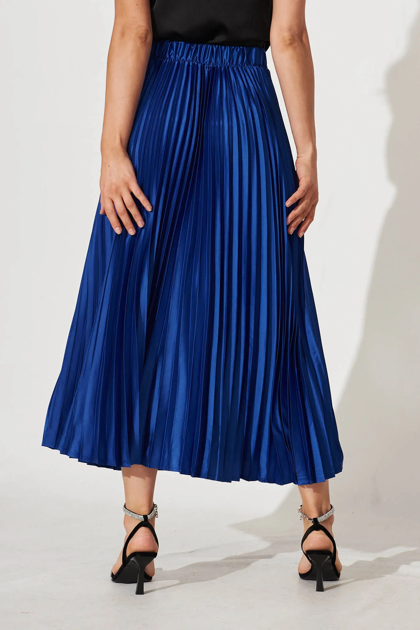 Allison Midi Pleat Skirt In Cobalt Blue Satin
