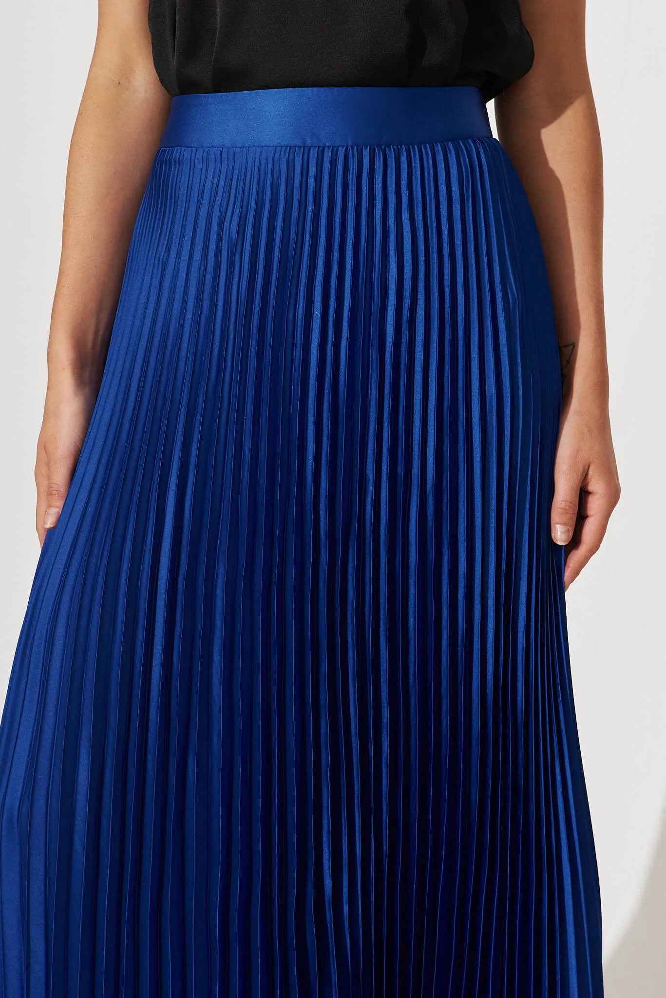 Allison Midi Pleat Skirt In Cobalt Blue Satin