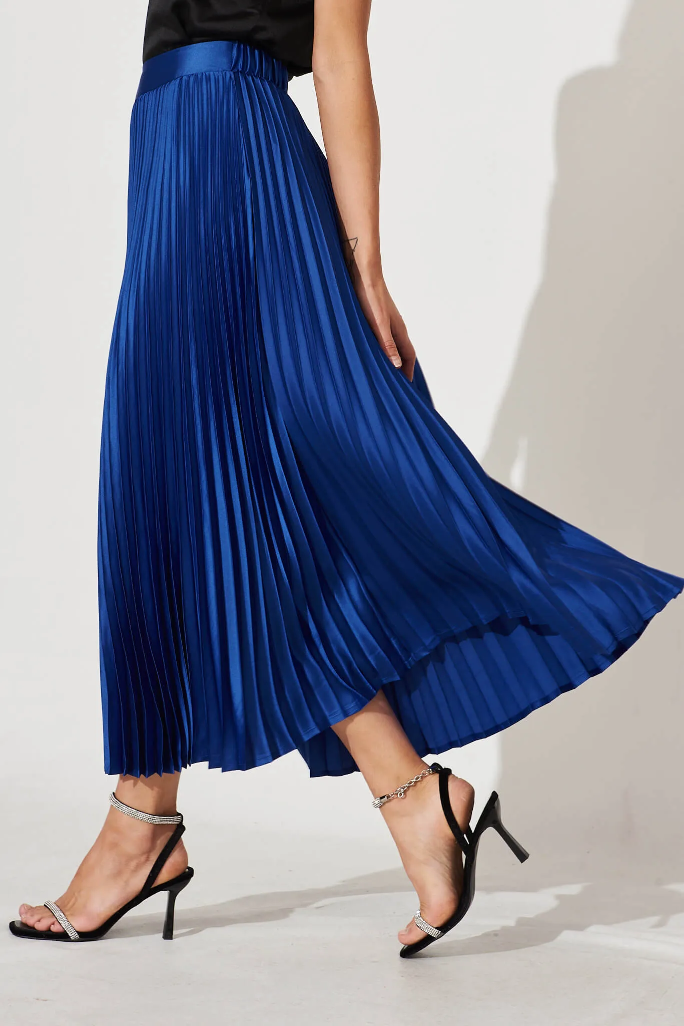 Allison Midi Pleat Skirt In Cobalt Blue Satin