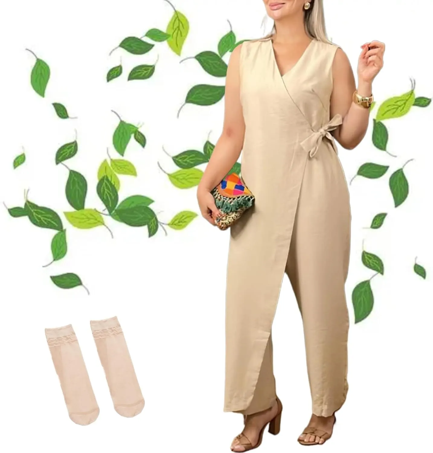 Alltoright Women's Casual V-neck Cross Strap Jumpsuit, Summer Sleeveless High Waist Wide Leg Jumpsuits Casua