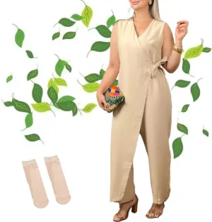 Alltoright Women's Casual V-neck Cross Strap Jumpsuit, Summer Sleeveless High Waist Wide Leg Jumpsuits Casua