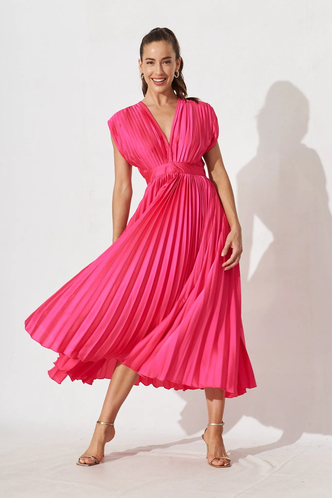 Anetta Midi Dress In Pleated Hot Pink Satin