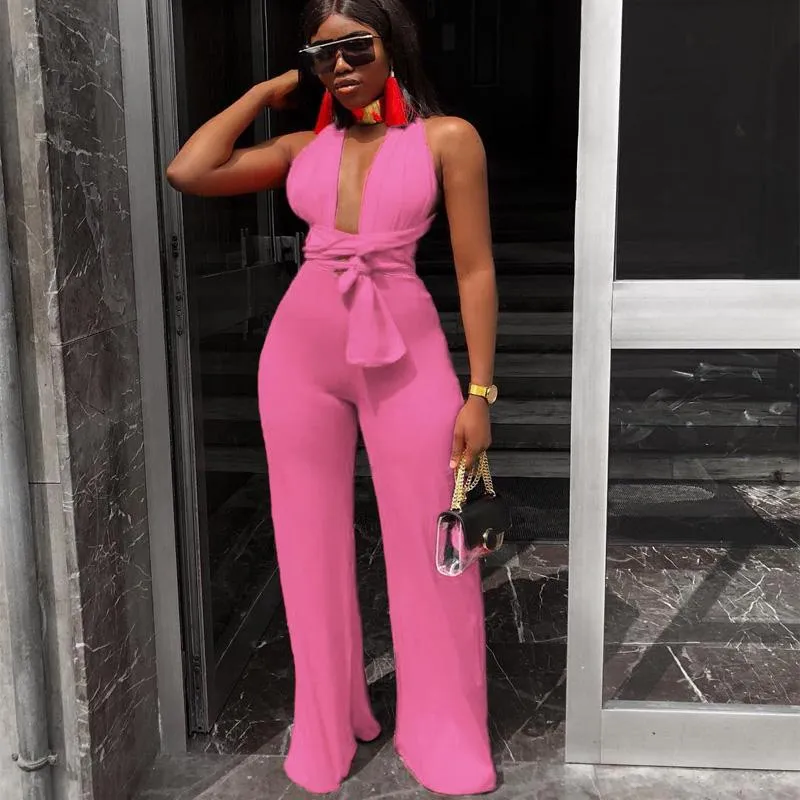 Bandage V-neck Wide Leg Jumpsuits