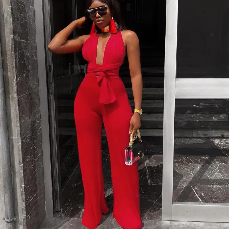 Bandage V-neck Wide Leg Jumpsuits