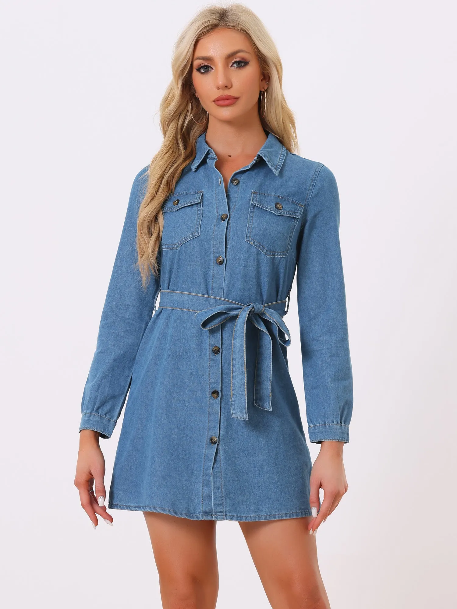 Belted Long Sleeve Button Front Denim Shirt Dress