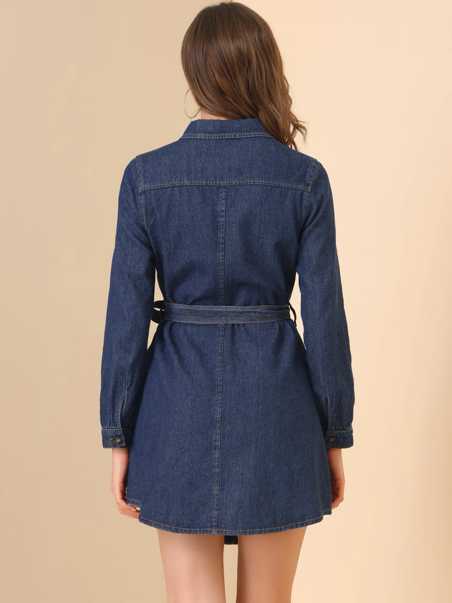 Belted Long Sleeve Button Front Denim Shirt Dress