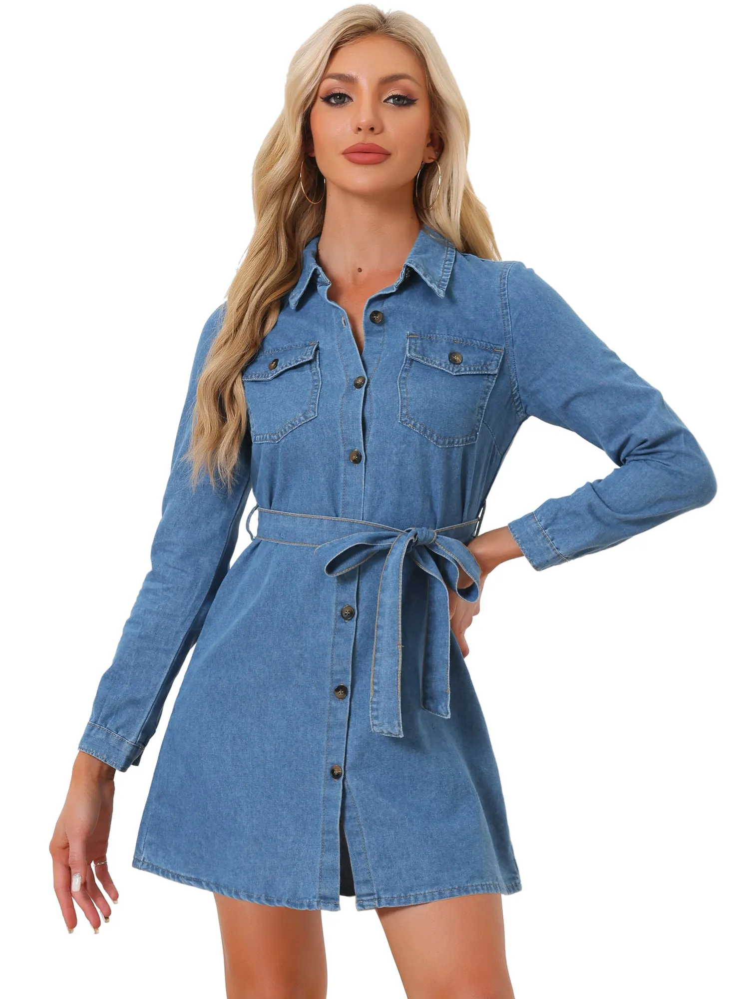 Belted Long Sleeve Button Front Denim Shirt Dress