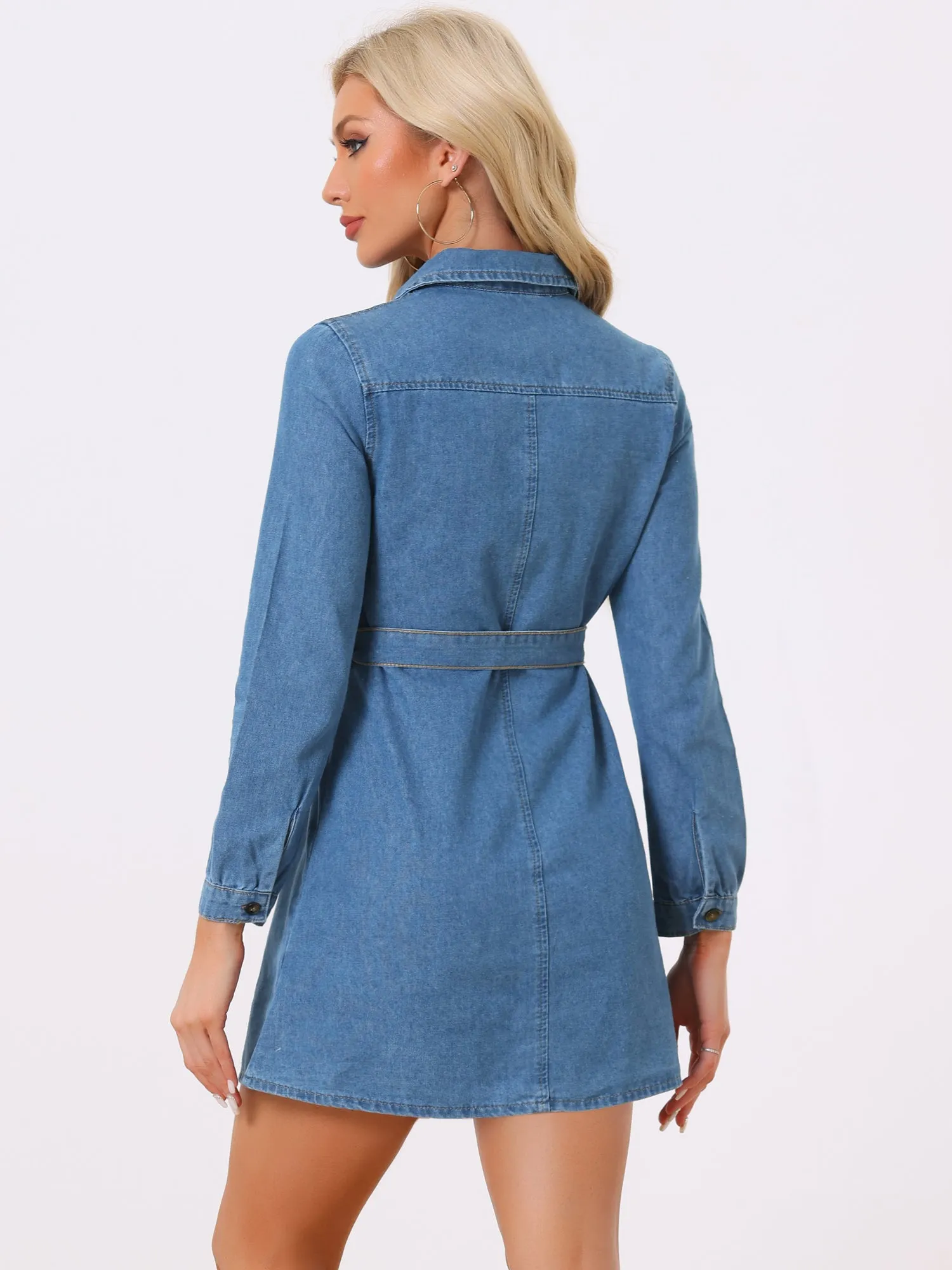 Belted Long Sleeve Button Front Denim Shirt Dress