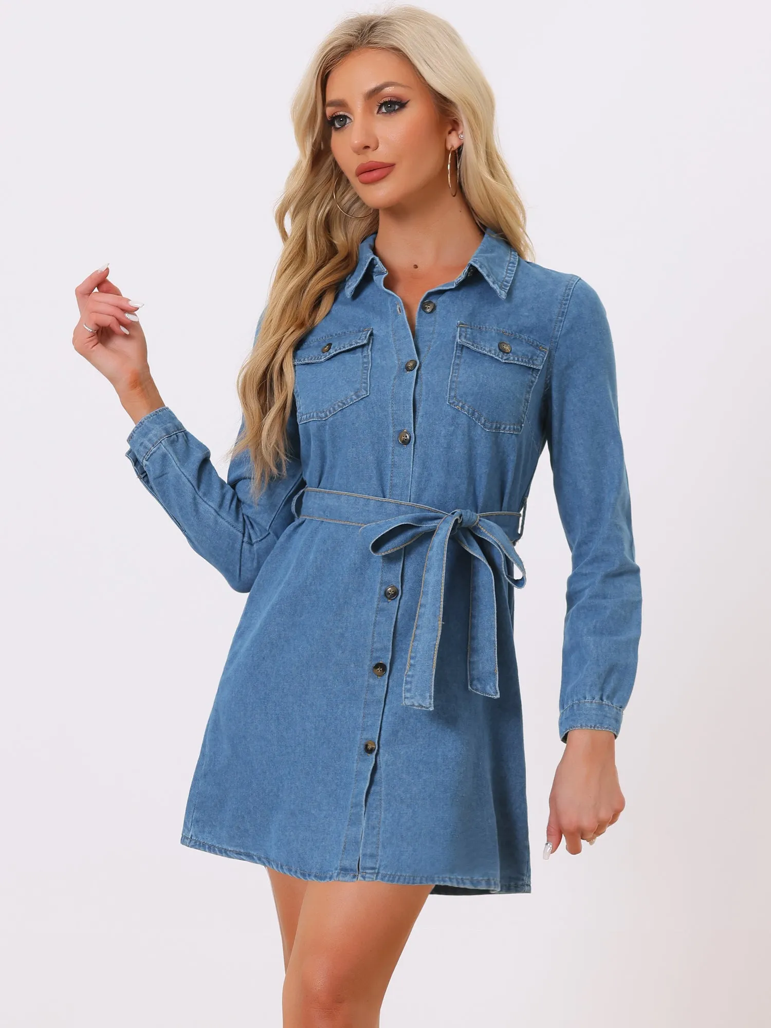 Belted Long Sleeve Button Front Denim Shirt Dress