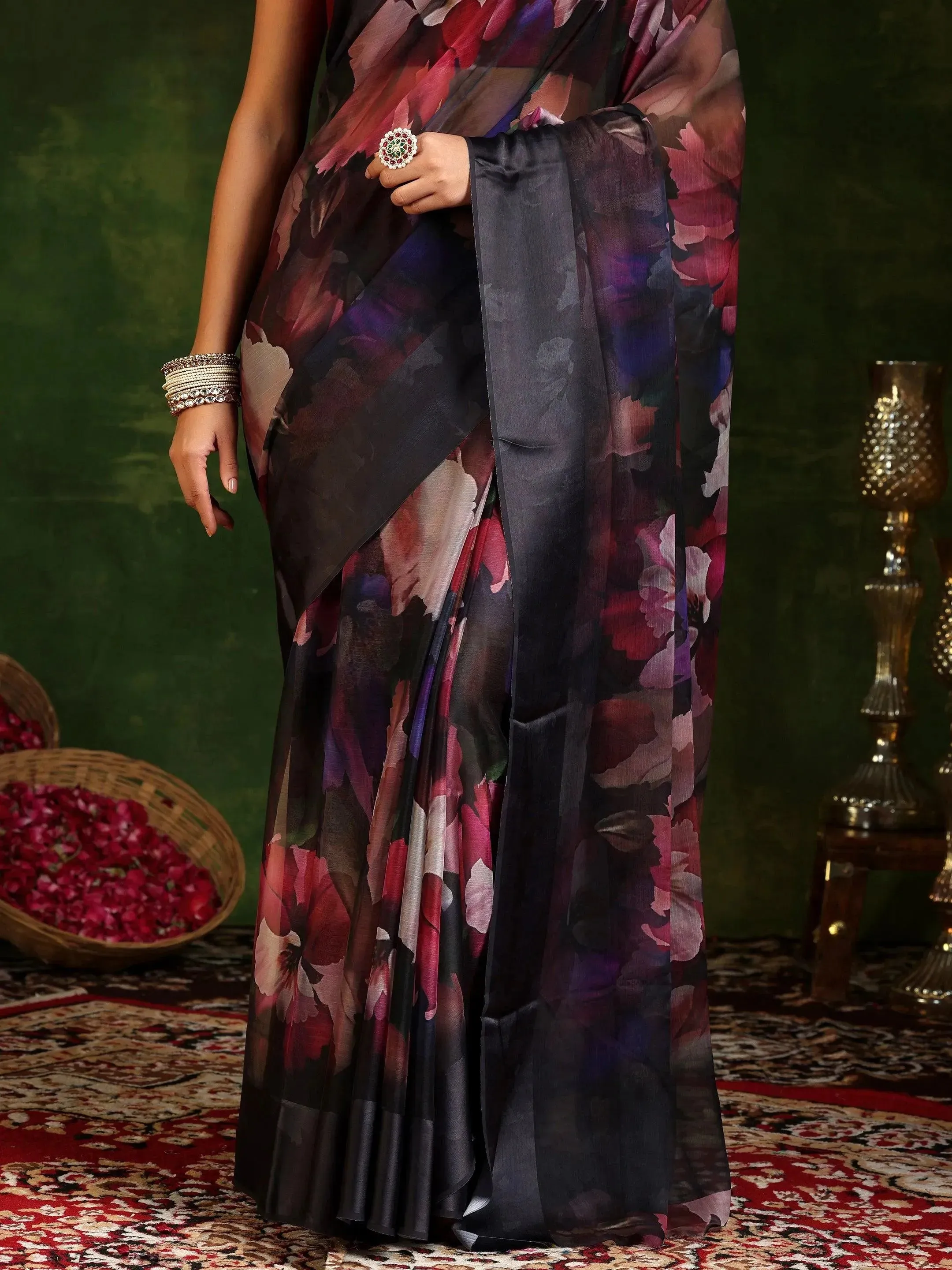 Black Printed Poly Chiffon Saree With Unstitched Blouse Piece