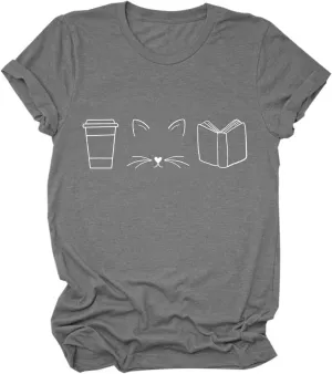 Bookish Shirts Women Cute Cats Coffee Books Graphic Tees Tshirt Summer Teacher Short Sleeve Tops Pet Lover T-Shirt