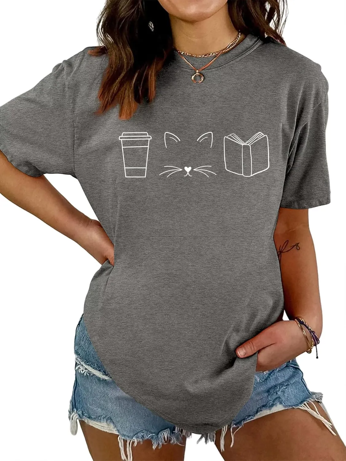 Bookish Shirts Women Cute Cats Coffee Books Graphic Tees Tshirt Summer Teacher Short Sleeve Tops Pet Lover T-Shirt