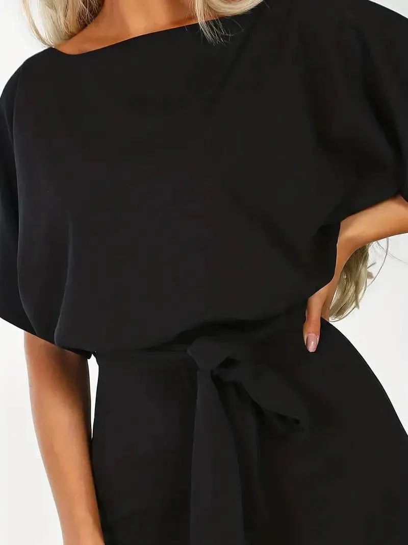 Casual Crew Neck Tie-Waist Short Sleeve Wide-Leg Jumpsuit