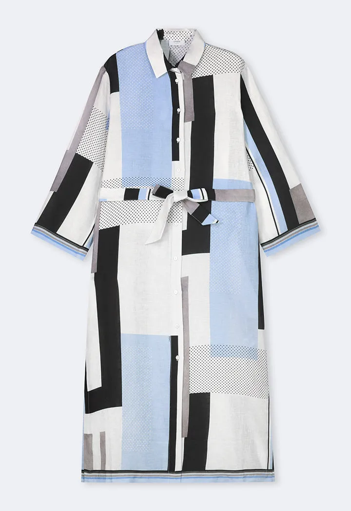 Choice Long Sleeve Printed Belted Shirt Dress Multi Color