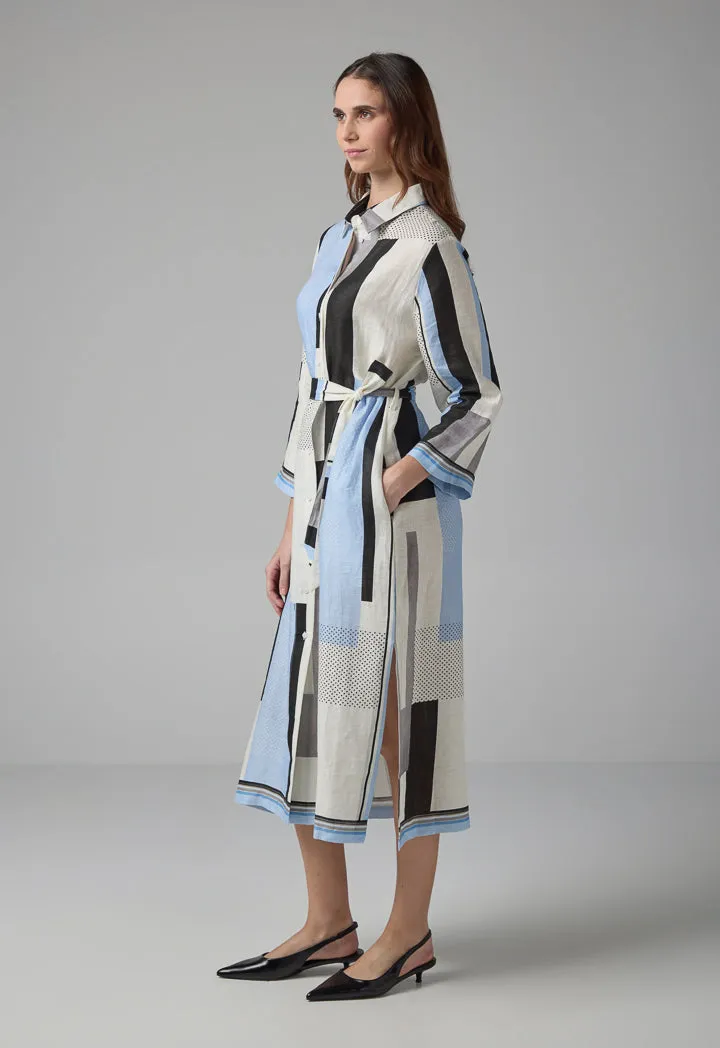 Choice Long Sleeve Printed Belted Shirt Dress Multi Color