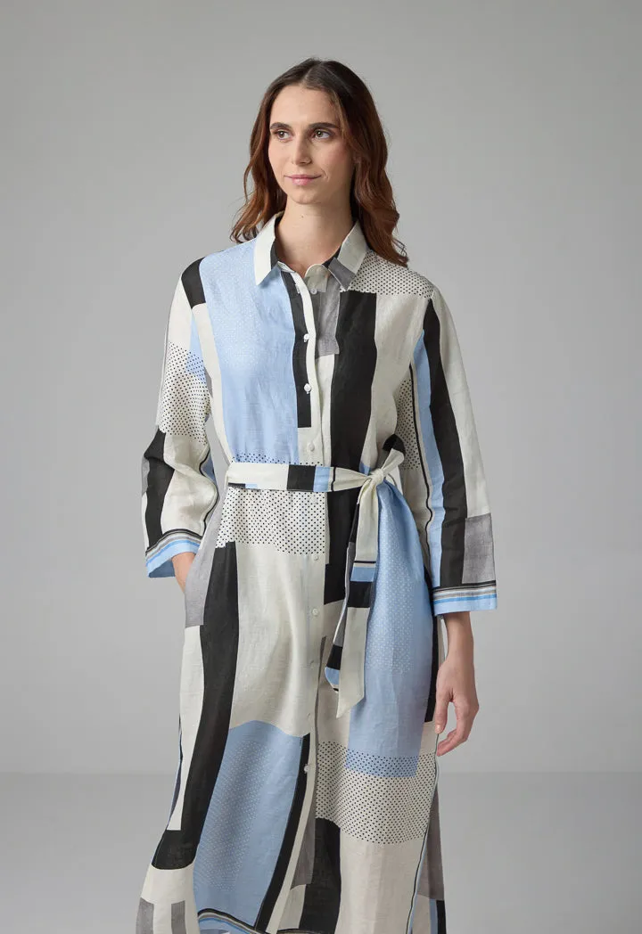 Choice Long Sleeve Printed Belted Shirt Dress Multi Color