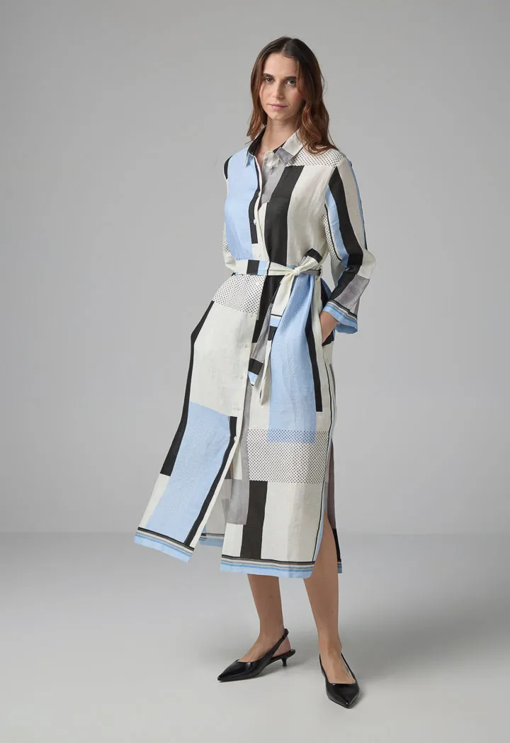 Choice Long Sleeve Printed Belted Shirt Dress Multi Color