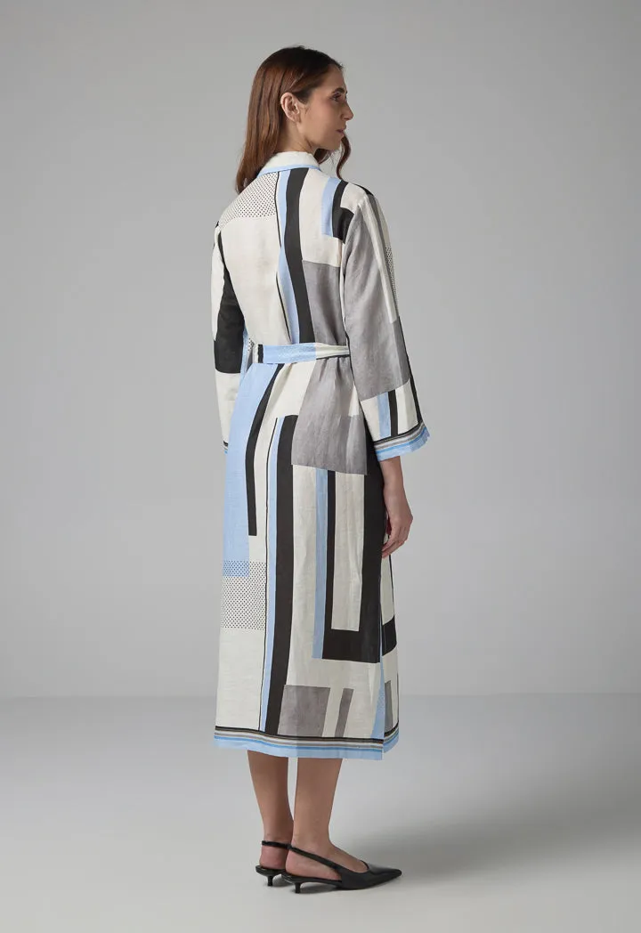 Choice Long Sleeve Printed Belted Shirt Dress Multi Color