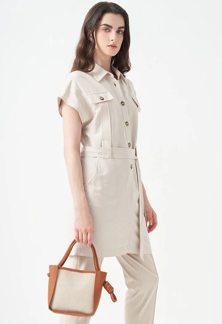Choice Sleeveless Belted Shirt Dress Beige