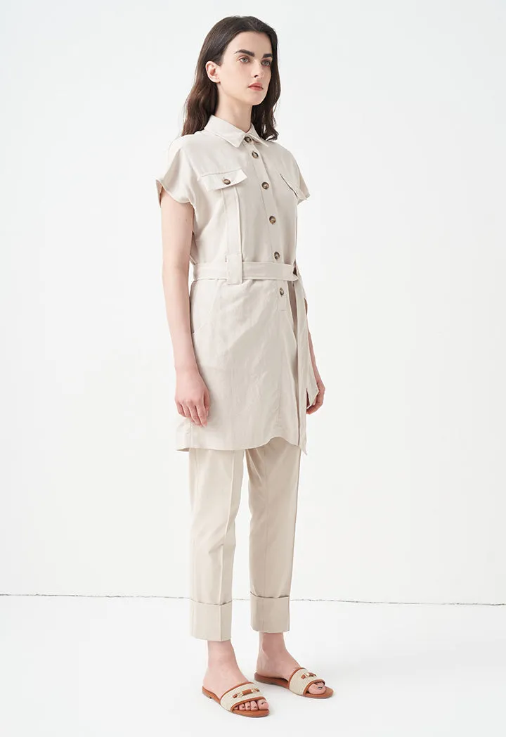 Choice Sleeveless Belted Shirt Dress Beige