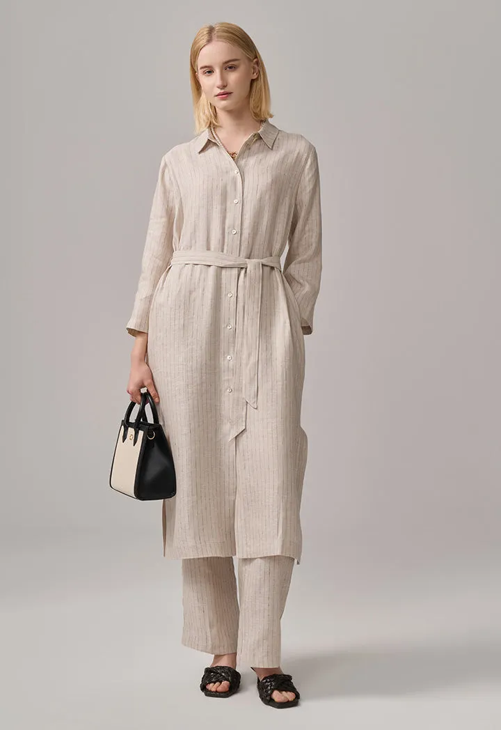 Choice Striped Long Sleeve Belted Shirt Dress Beige