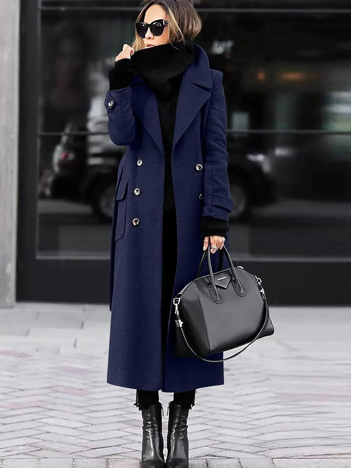 chouyatou Women's Winter Double Breasted Wool Coat Business Casual Long Winter Pea Coat with Belt