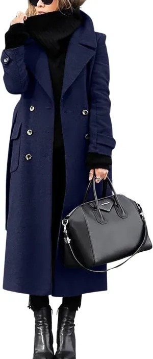 chouyatou Women's Winter Double Breasted Wool Coat Business Casual Long Winter Pea Coat with Belt