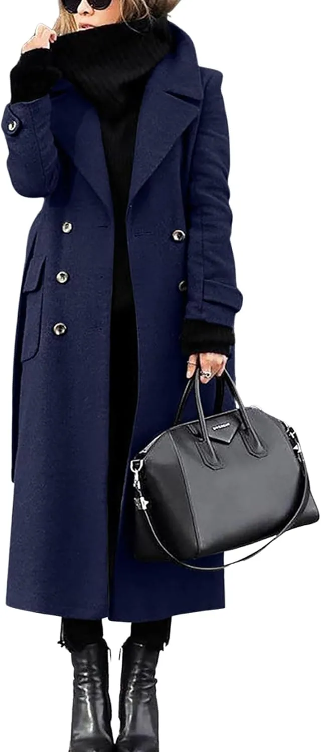 chouyatou Women's Winter Double Breasted Wool Coat Business Casual Long Winter Pea Coat with Belt