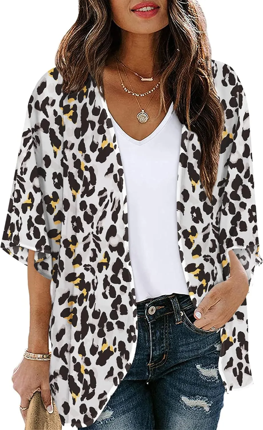 Chunoy Women Floral Print Lightweight Chiffon Kimono Cardigan Short Sleeve Loose Beach Wear Cover Up Blouse Top