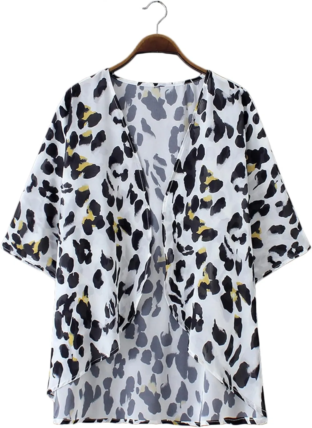 Chunoy Women Floral Print Lightweight Chiffon Kimono Cardigan Short Sleeve Loose Beach Wear Cover Up Blouse Top