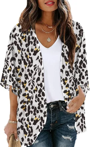 Chunoy Women Floral Print Lightweight Chiffon Kimono Cardigan Short Sleeve Loose Beach Wear Cover Up Blouse Top