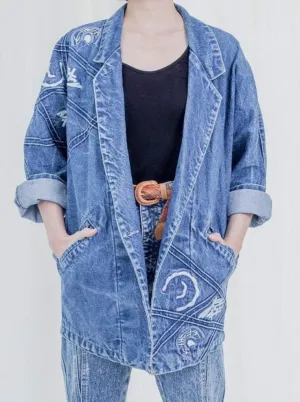Collared neck denim vintage jacket with embroidery