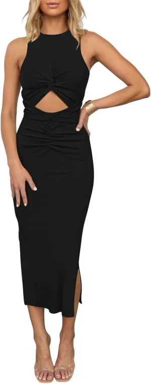 Duigluw Women's Summer Knit Sleeveless Crosscriss Cutout Ruched Bodycon Midi Dress with Slit
