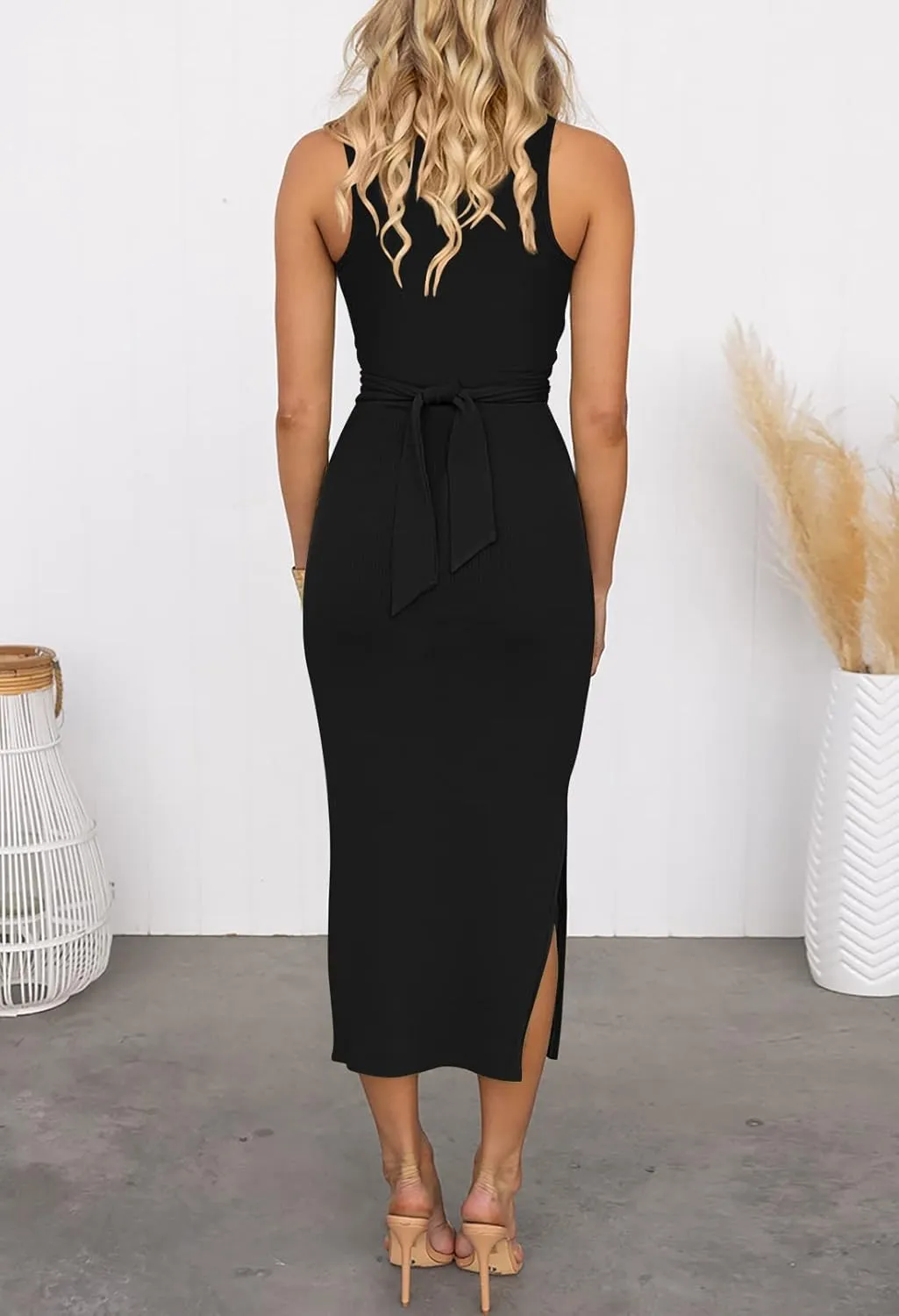 Duigluw Women's Summer Knit Sleeveless Crosscriss Cutout Ruched Bodycon Midi Dress with Slit