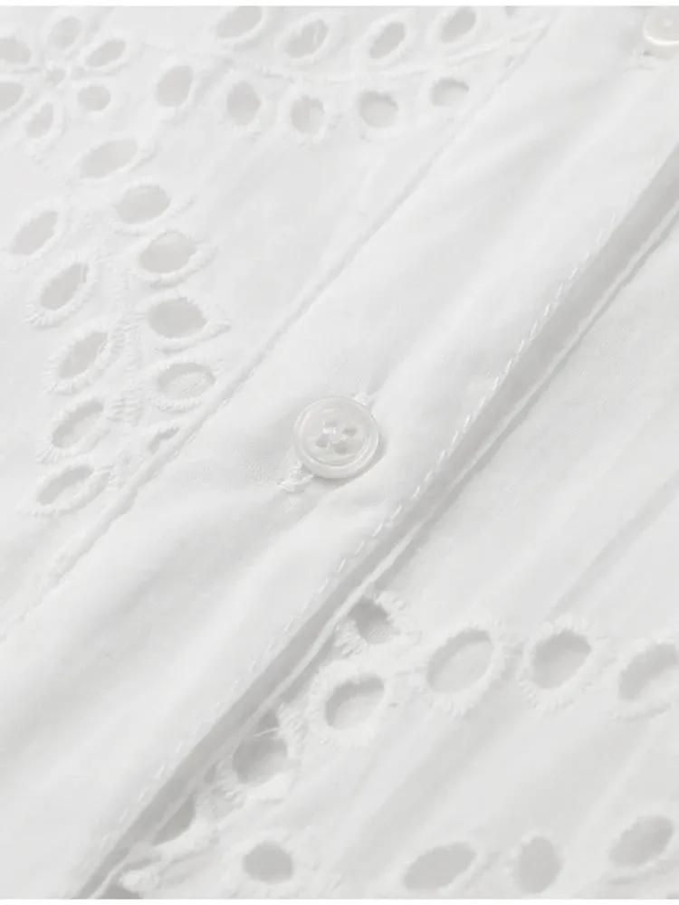 Embroidered Cotton Eyelet Belted Shirt Dress