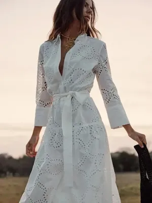 Embroidered Cotton Eyelet Belted Shirt Dress