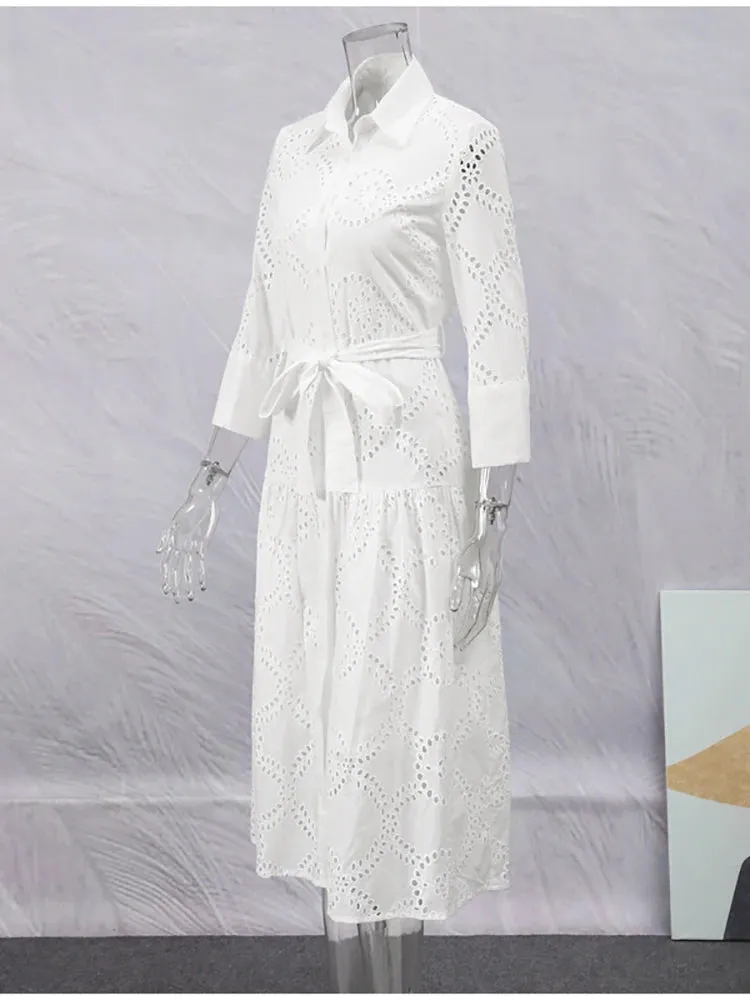 Embroidered Cotton Eyelet Belted Shirt Dress