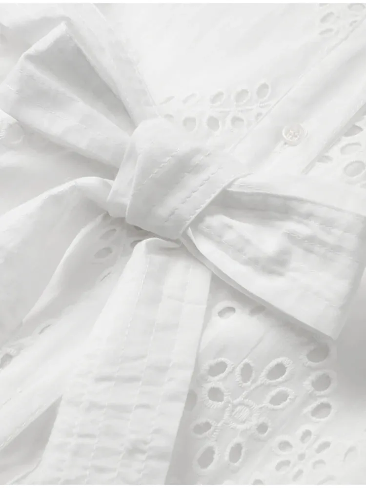 Embroidered Cotton Eyelet Belted Shirt Dress