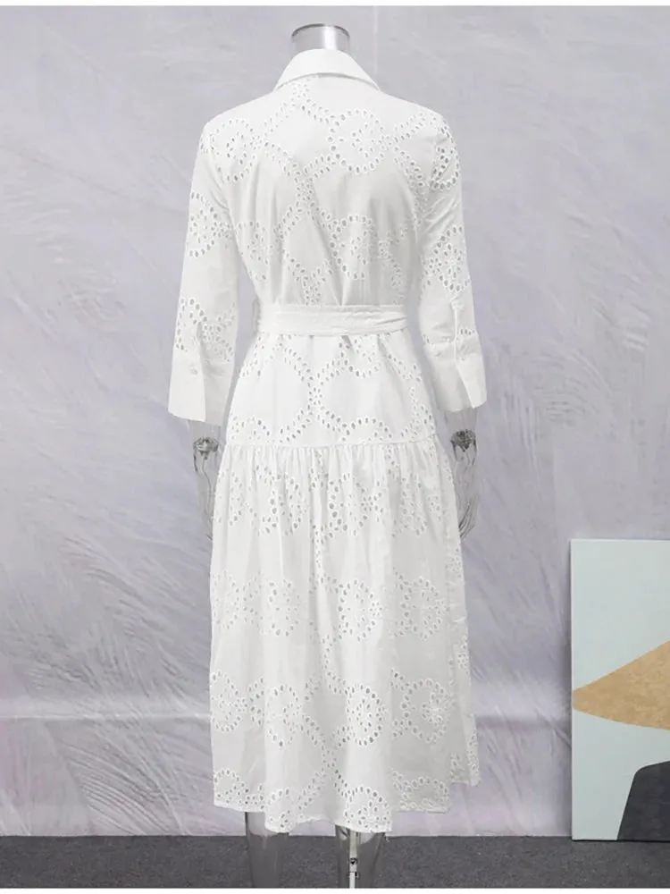 Embroidered Cotton Eyelet Belted Shirt Dress