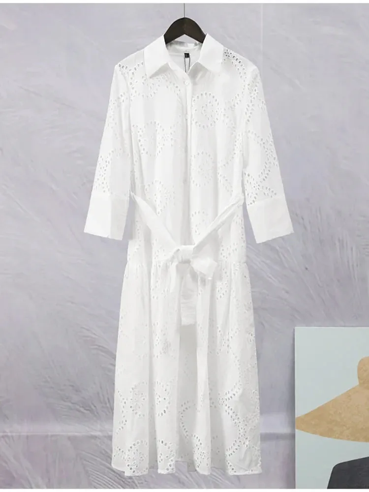 Embroidered Cotton Eyelet Belted Shirt Dress