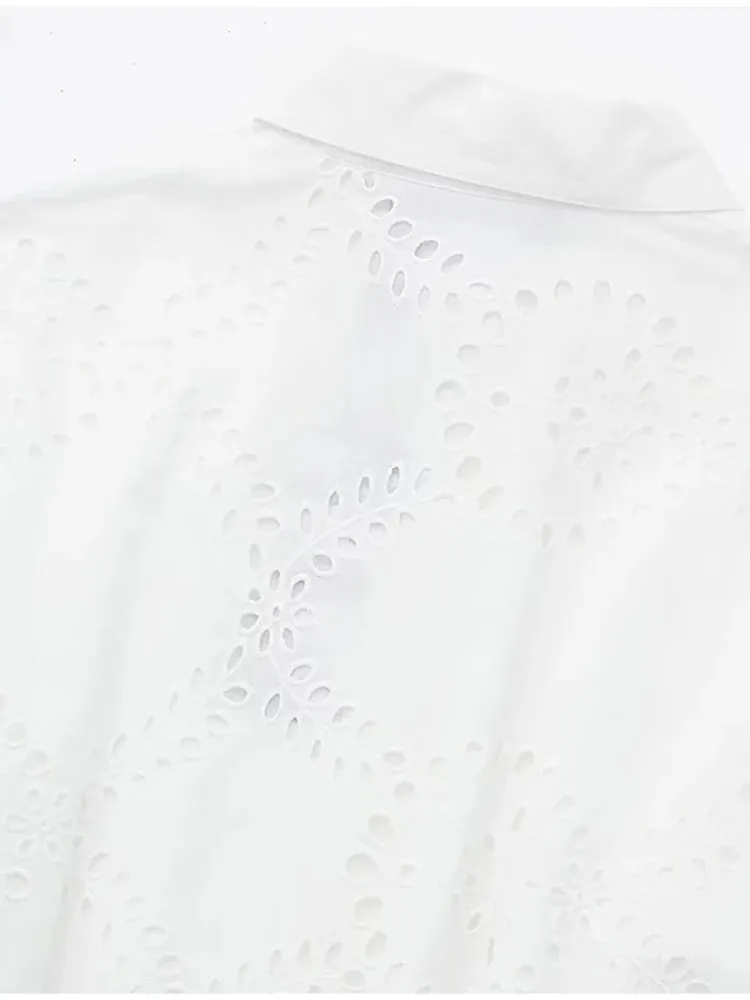 Embroidered Cotton Eyelet Belted Shirt Dress