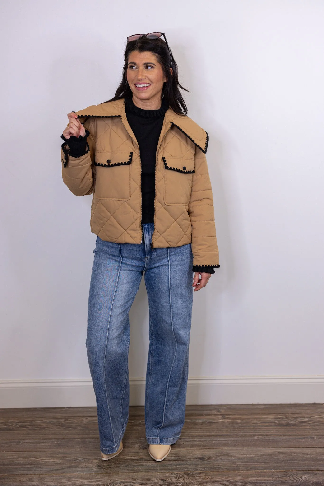 Embroidered Favorite Tan Puffer Jacket