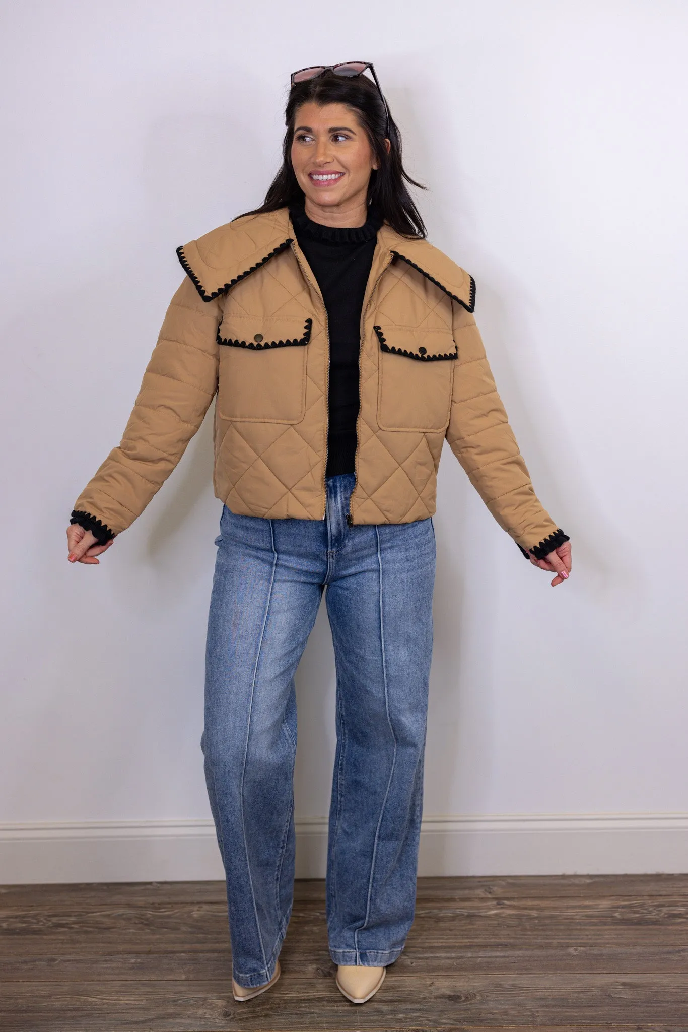 Embroidered Favorite Tan Puffer Jacket