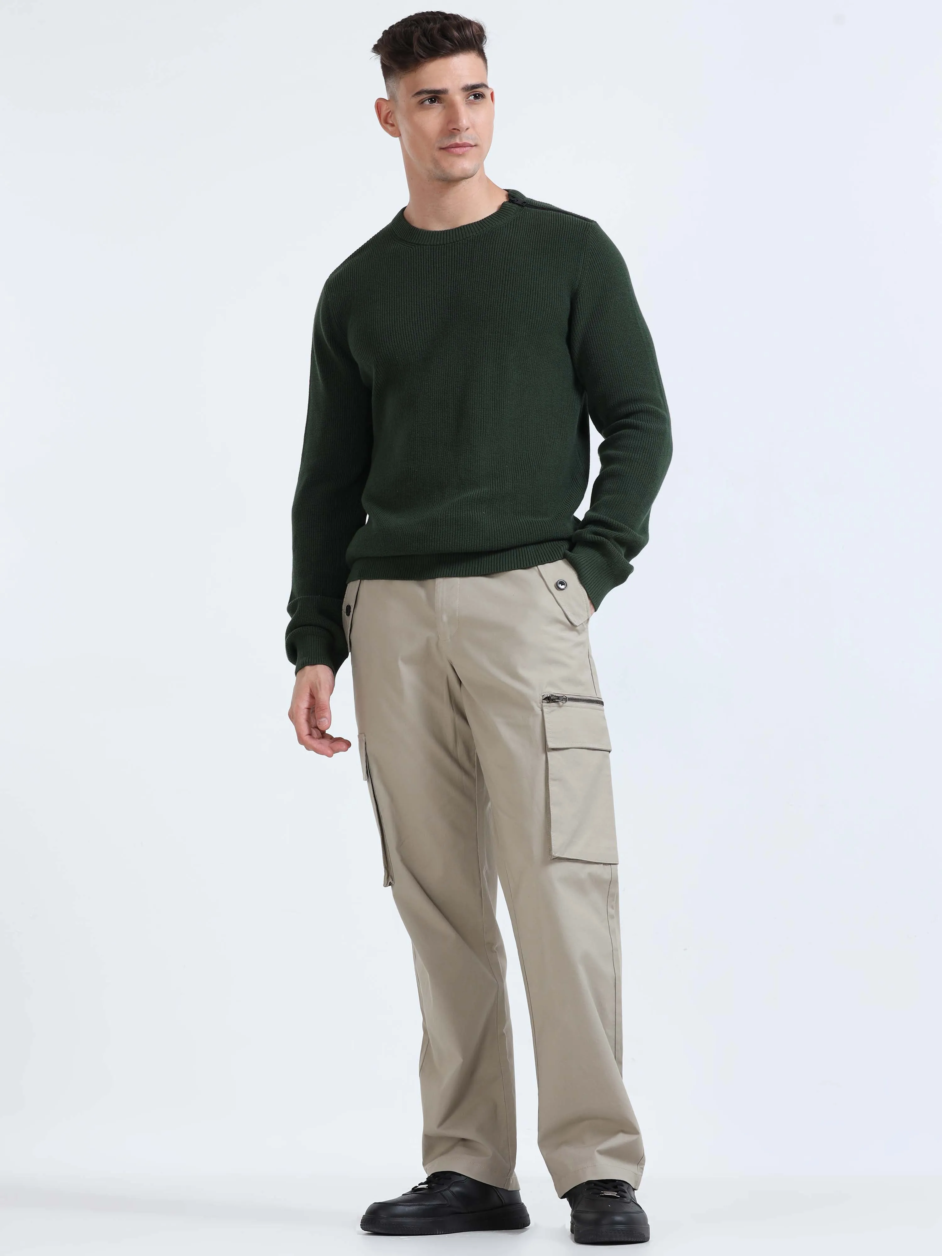 Flexi Waist Zip Khaki Cargo Pant