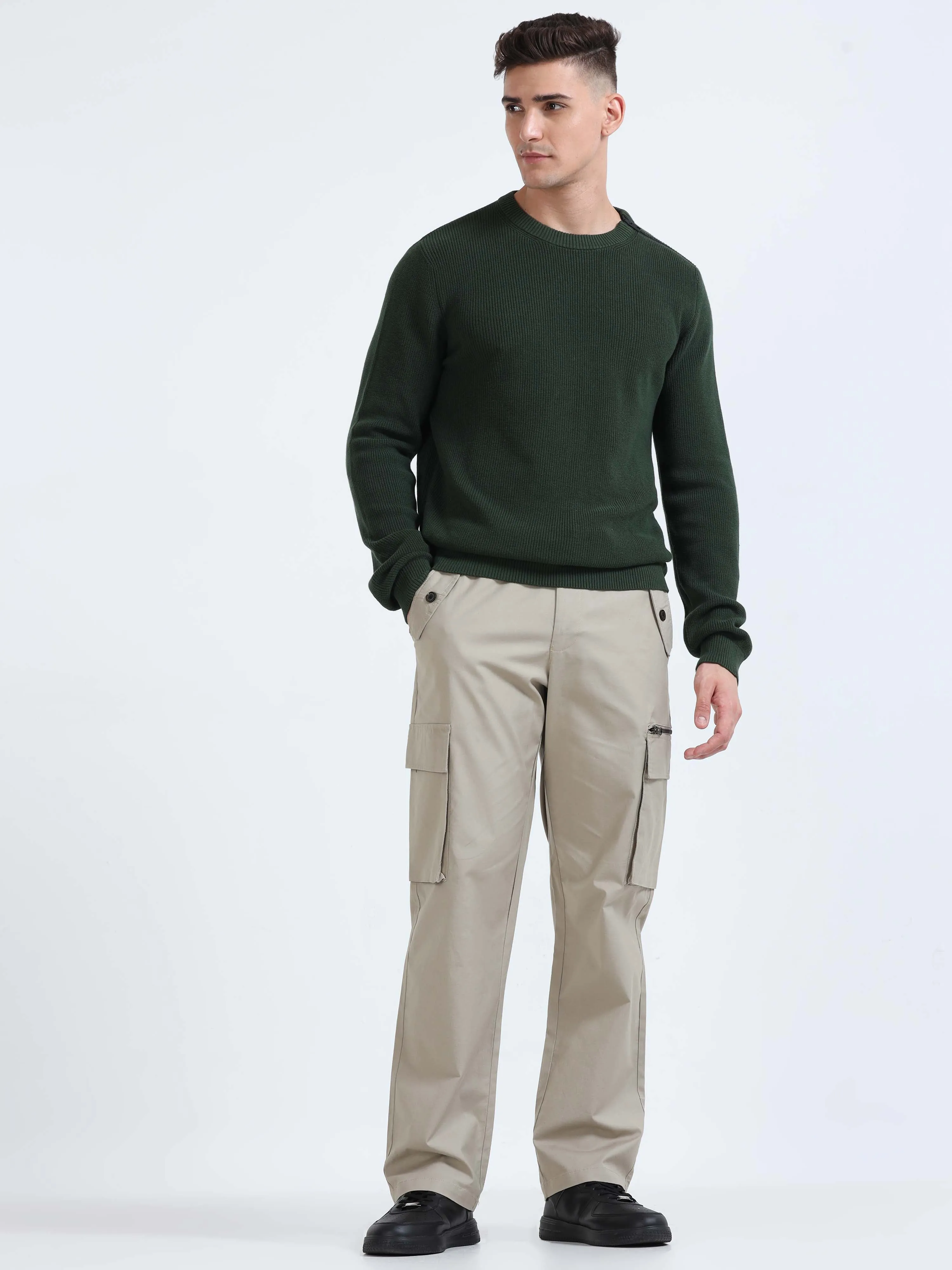Flexi Waist Zip Khaki Cargo Pant