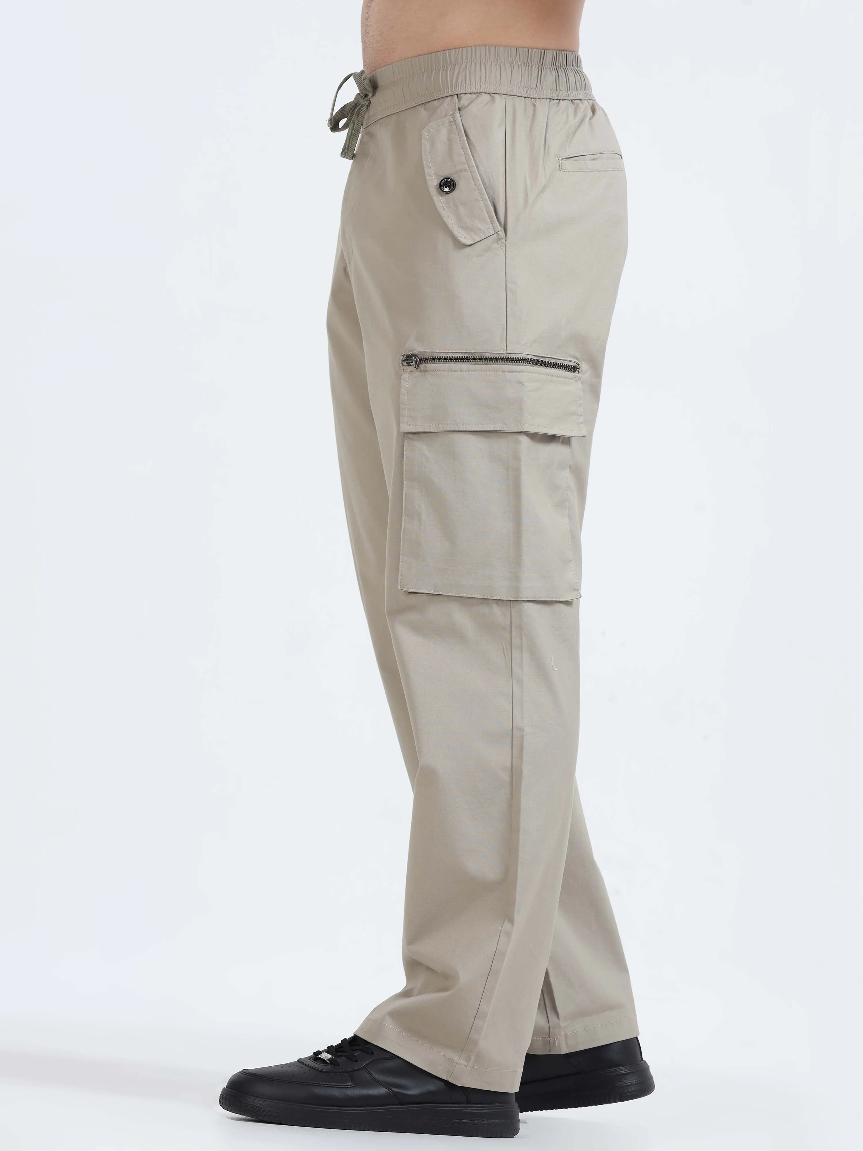 Flexi Waist Zip Khaki Cargo Pant